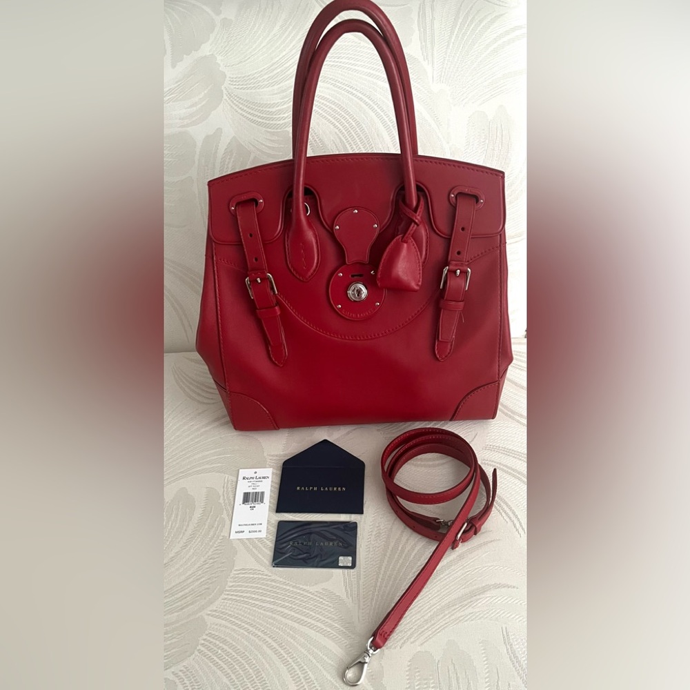 Ralph Lauren Red Leather Satchel with Top Handles and Detachable Strap